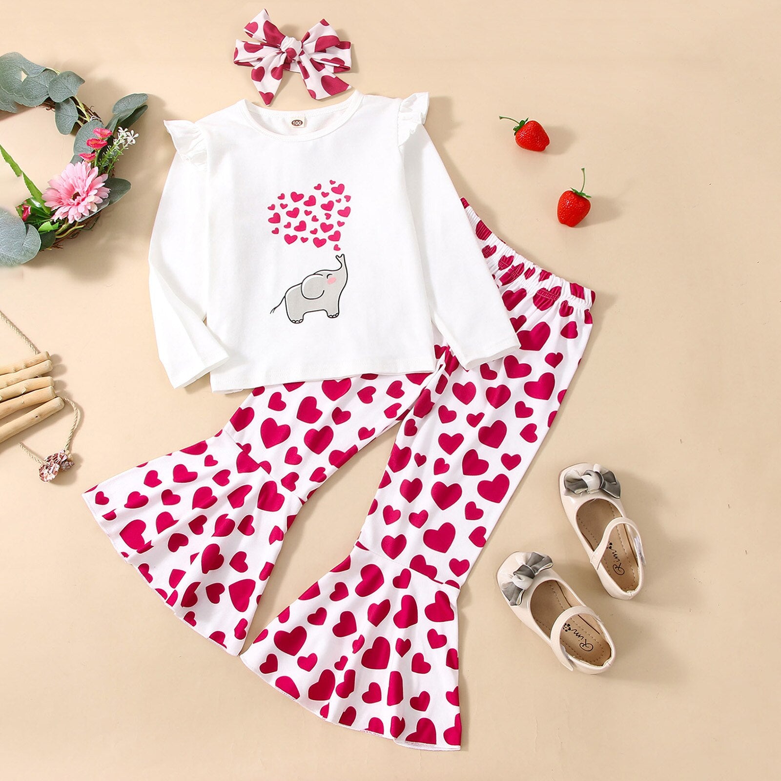 Baby Girl Set Long Sleeve Little Heart Flare Valentine 3 Pcs Sets