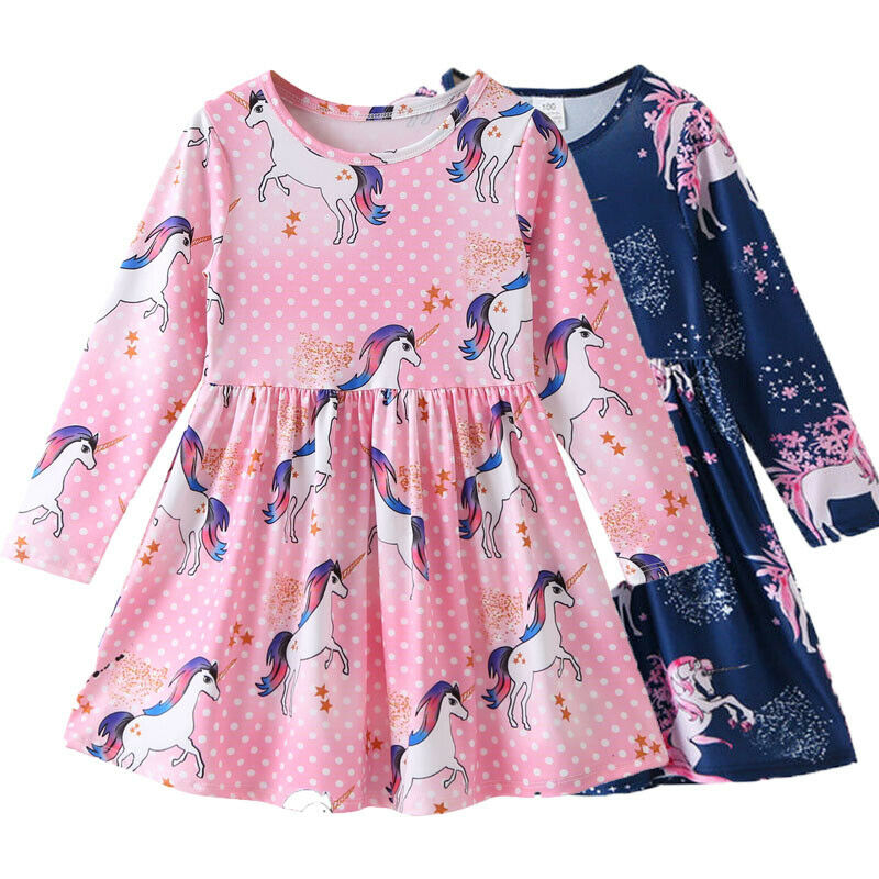 Baby Girls Dress Spring Cute Long Sleeve Unicorn Casual Dress 2-6 Years