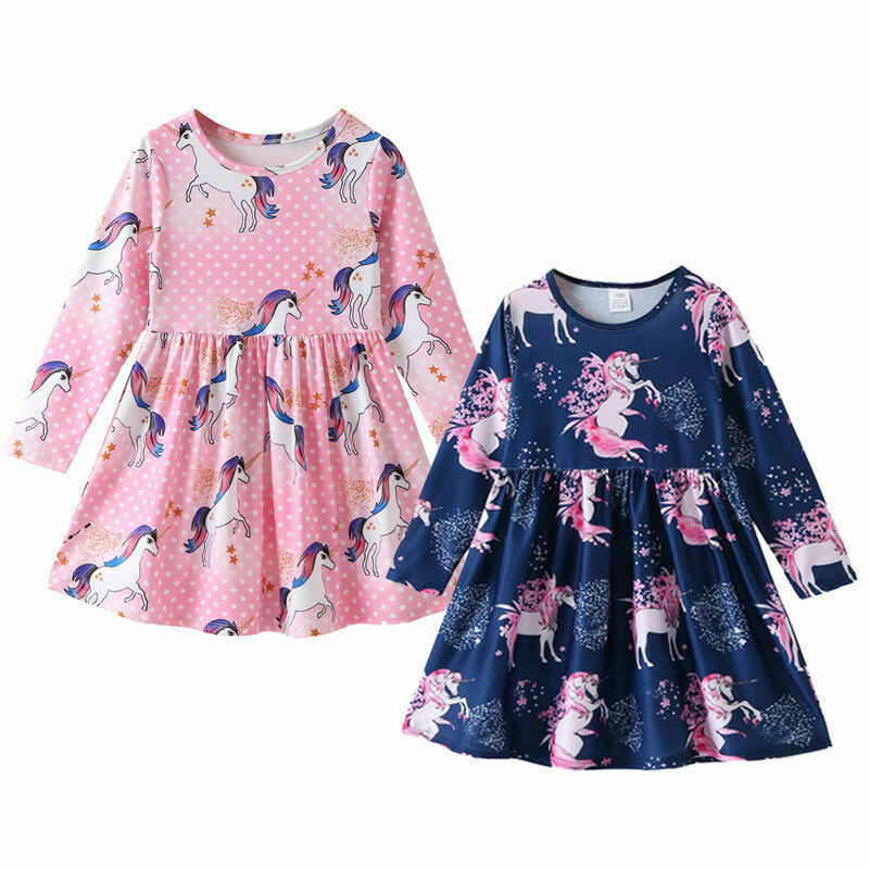 Baby Girls Dress Spring Cute Long Sleeve Unicorn Casual Dress 2-6 Years