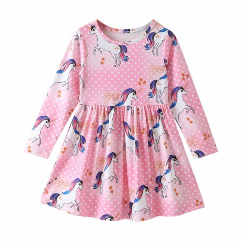 Baby Girls Dress Spring Cute Long Sleeve Unicorn Casual Dress 2-6 Years