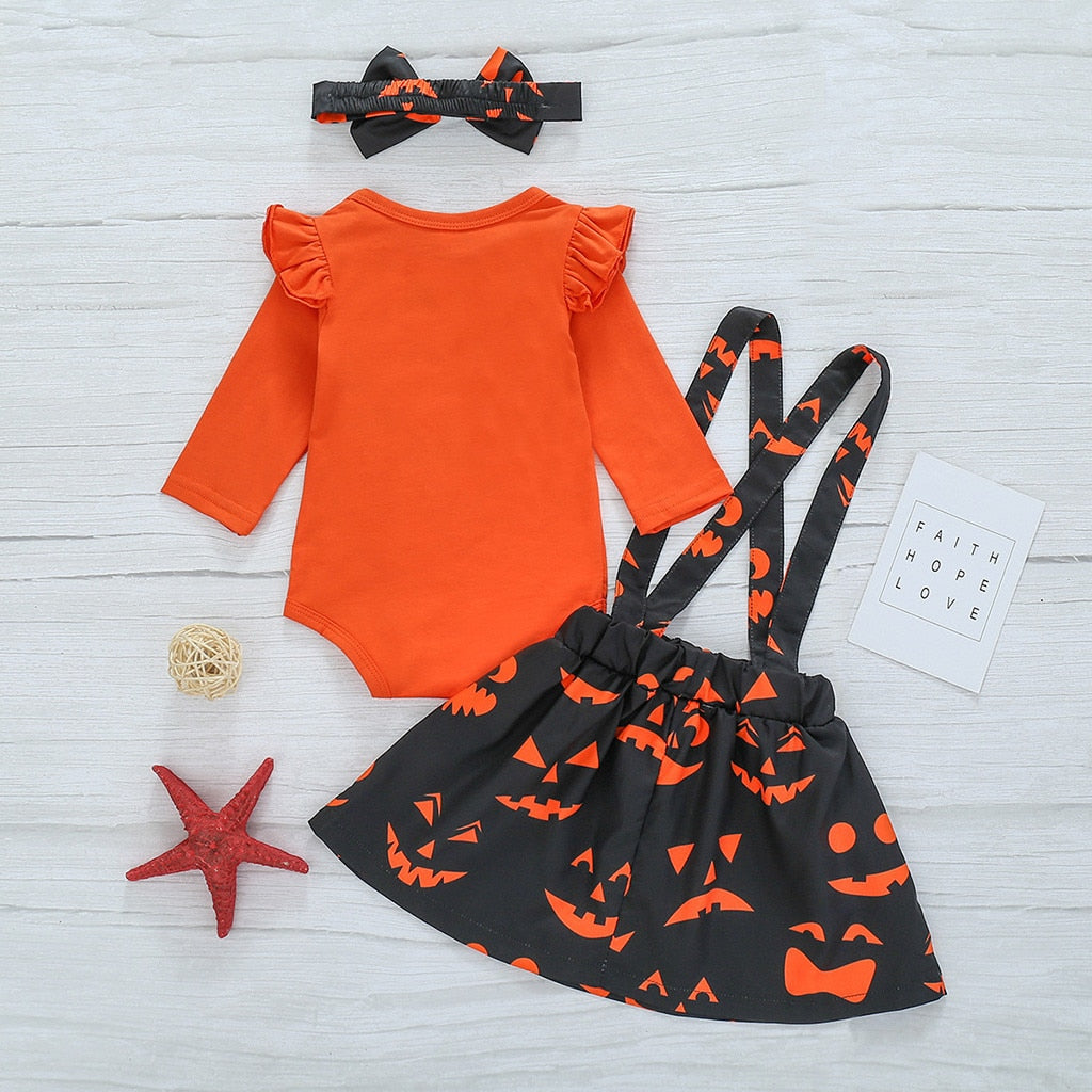 Toddler Baby Girls Halloween Print Skirt Pumpkin 2 Pcs Sets Outfits