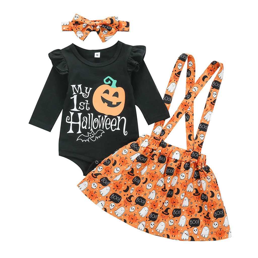 Toddler Baby Girls Halloween Print Skirt Pumpkin 2 Pcs Sets Outfits