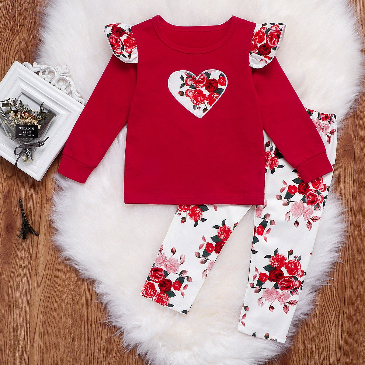 Toddler Baby Girl Valentine's Day Red Floral Heart 2 Pcs Sets