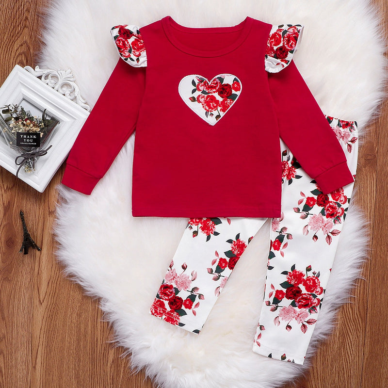 Toddler Baby Girl Valentine's Day Red Floral Heart 2 Pcs Sets