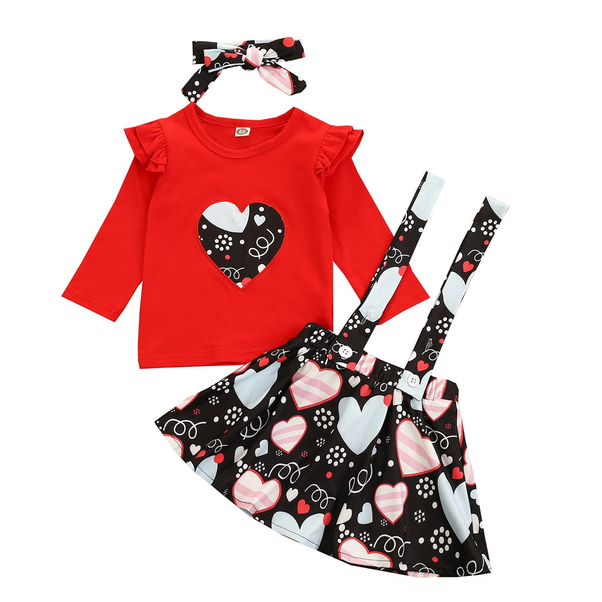 Kids Girl Heart Dress Valentine Suspender Headband 3 Pcs Sets