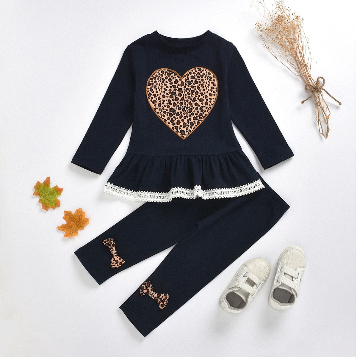 Girl Set Valentines's Day Leopard Heart Black Ruffle Lace 2 Pcs Sets