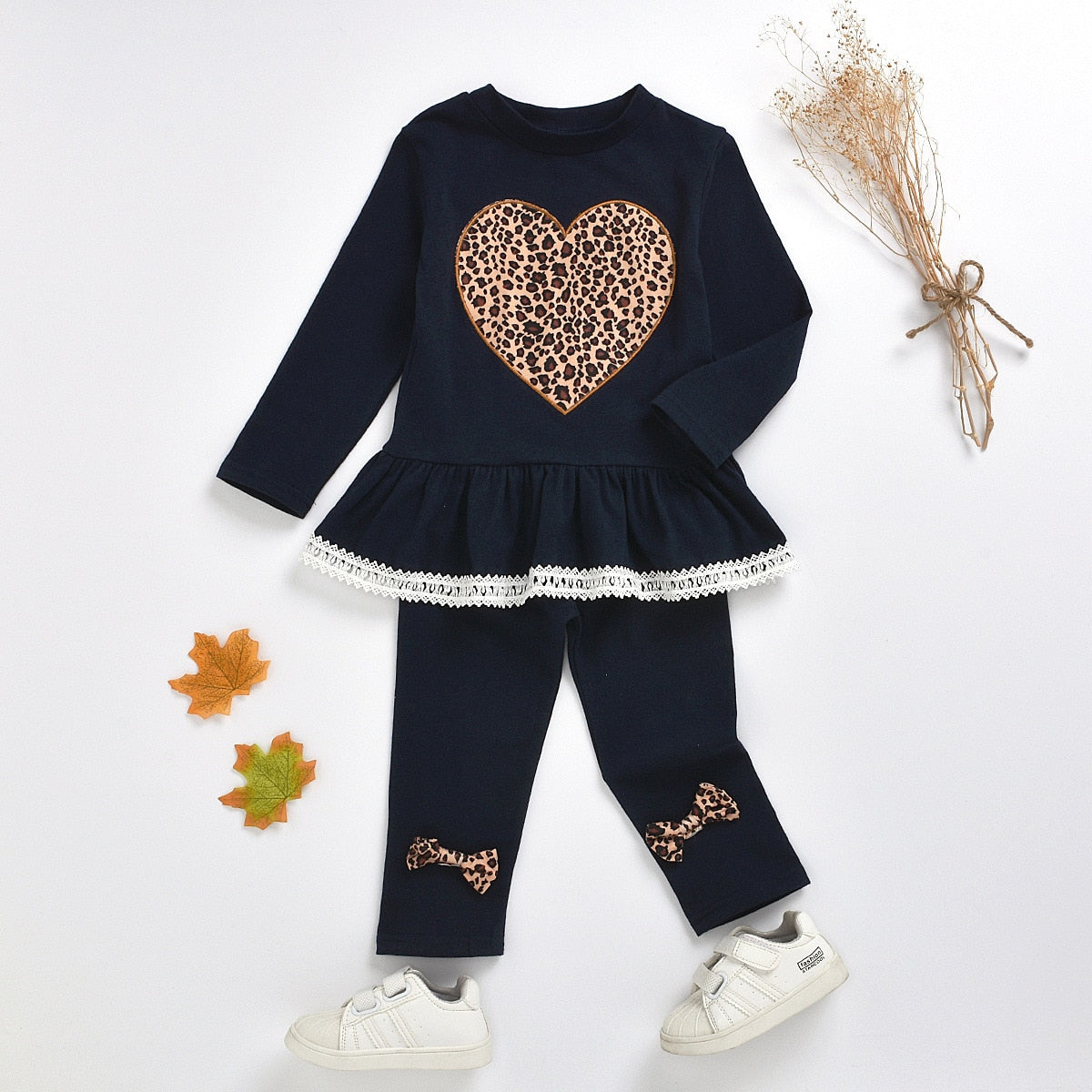 Girl Set Valentines's Day Leopard Heart Black Ruffle Lace 2 Pcs Sets