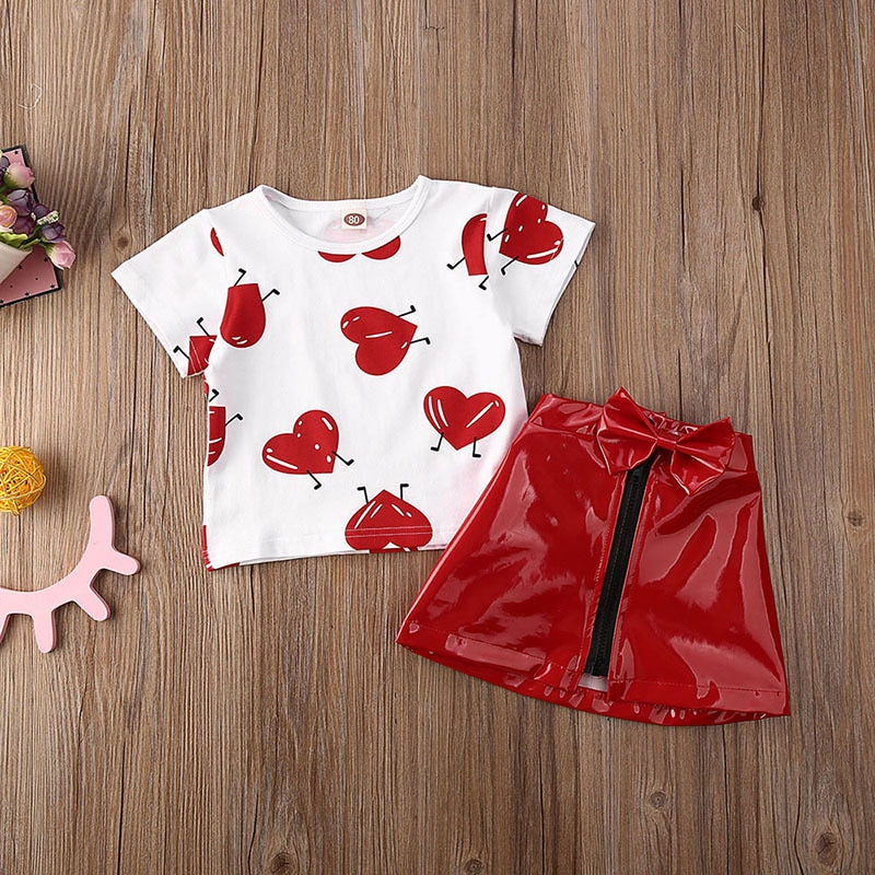 Toddler Girls Summer Set Short Sleeve Red Heart Valentine 2 Pcs Sets