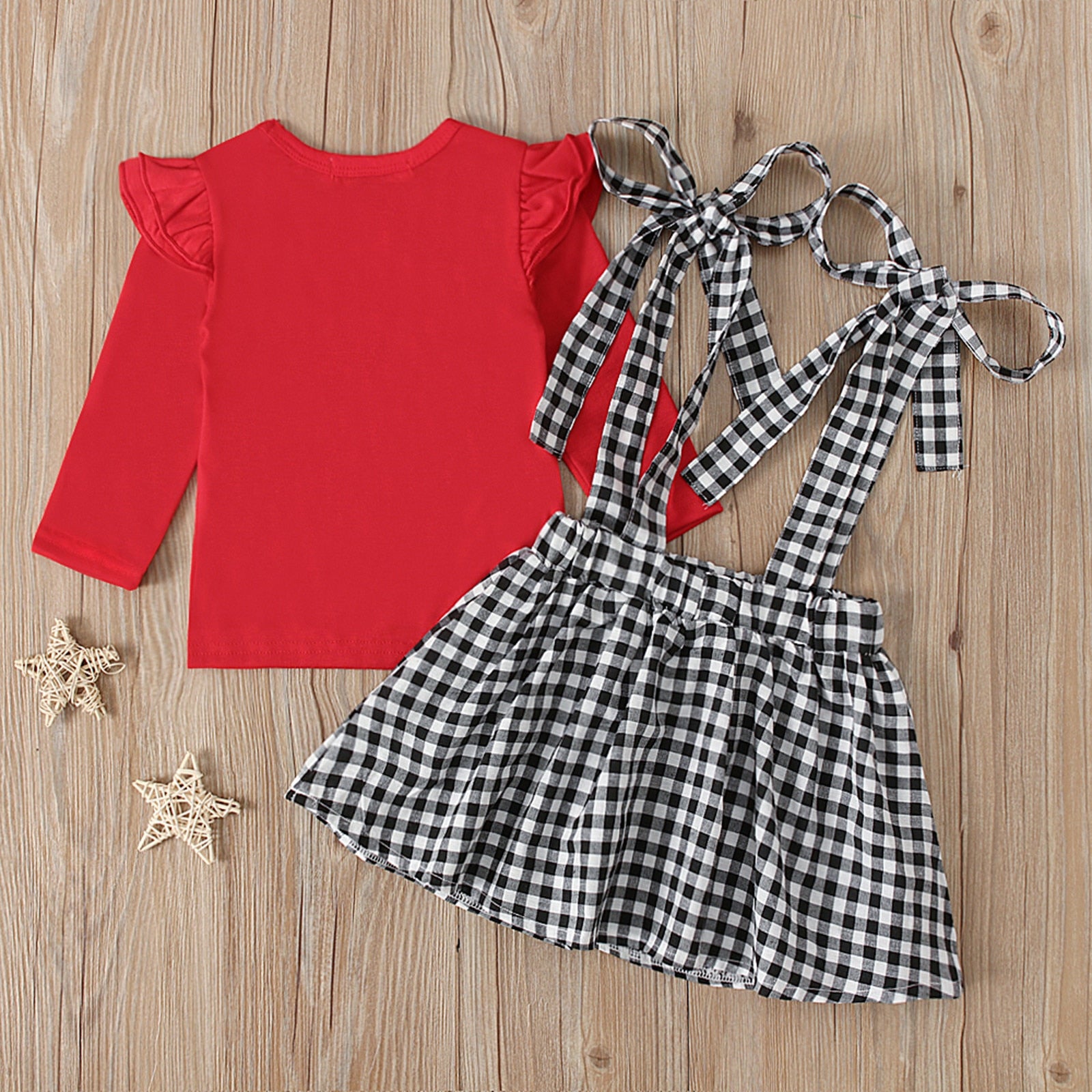 Baby Girls Valentine Ruffle Tops+Suspender Heart Plaid Sets 2pcs