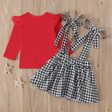 Baby Girls Valentine Ruffle Tops+Suspender Heart Plaid Sets 2pcs