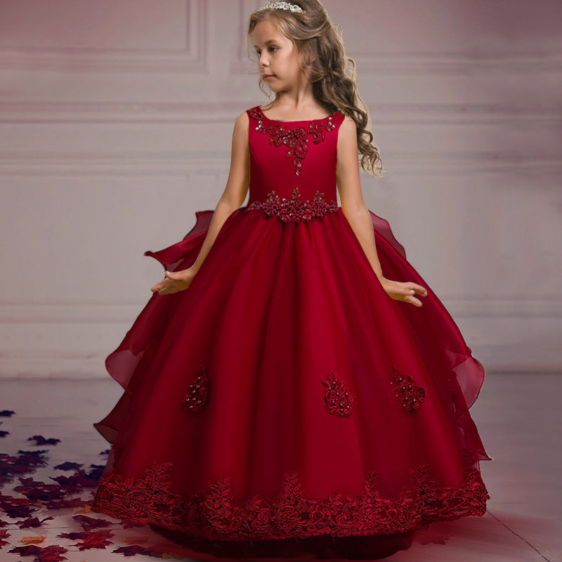 Kids Girls Long Party Wedding Flower Bridesmaid  Elegant Princess Dress
