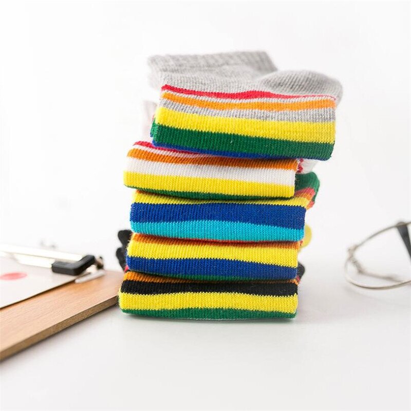 Kids Rainbow Striped Boys Girls Spring Autumn Striped Boat Socks 5 pair/1lot