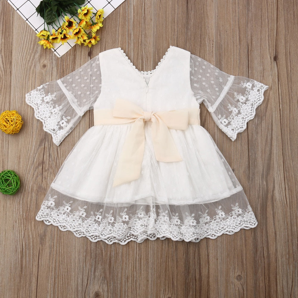 Baby Mädchen Brautjungfer Weiß Mode Party Spitze Schleife Kleider 0-5Y