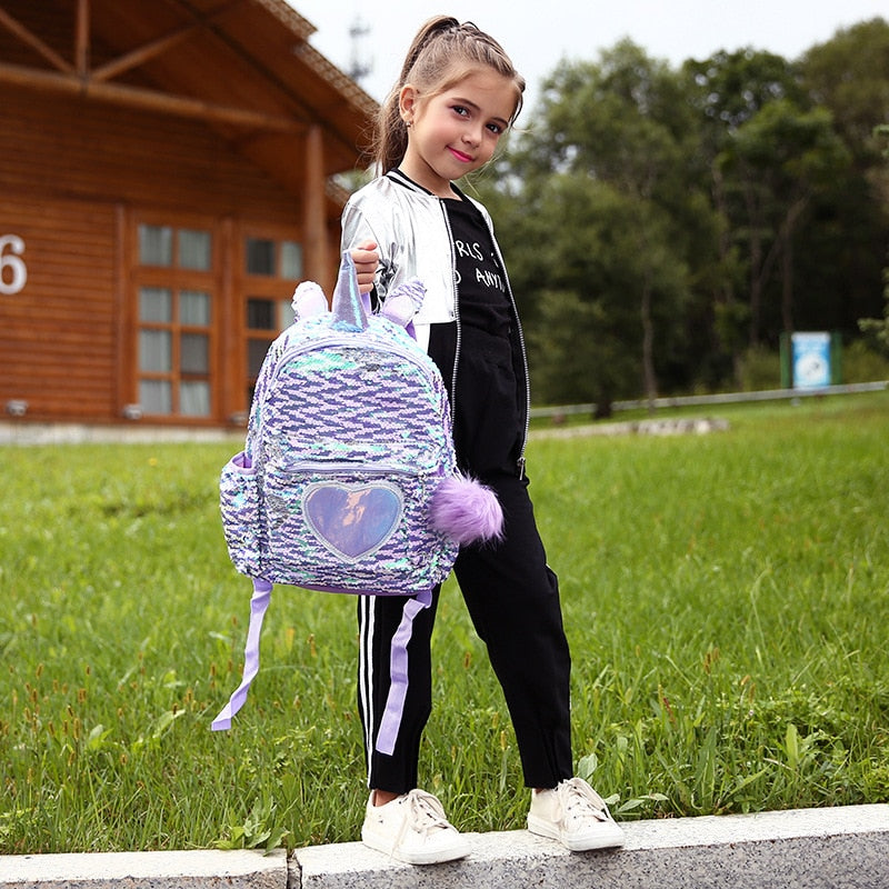 Kids Girls Unicorn Cute Sequins Backpack School Bags
