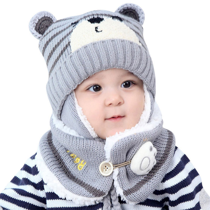 Unisex Kids Cartoon Bear Stripe Hats And Scarf Set Winter Warm Suit