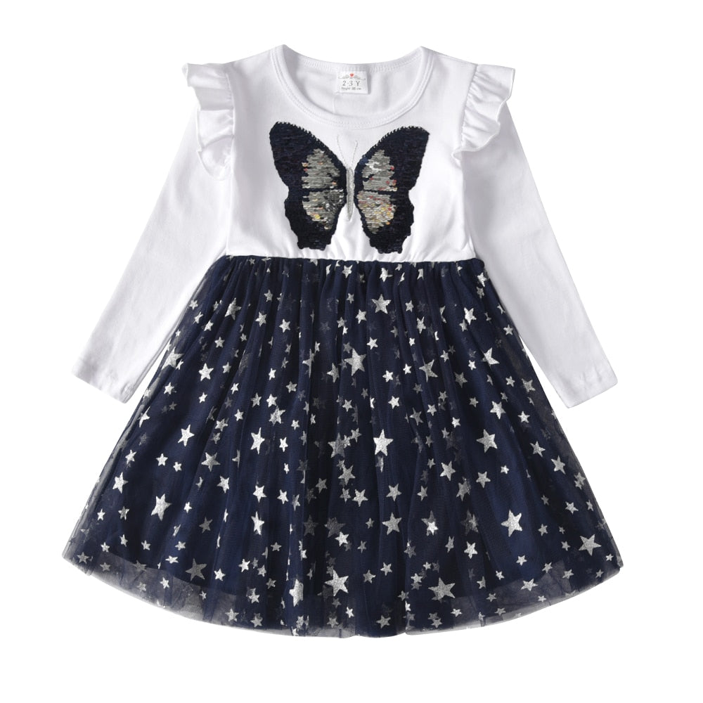 Kinder Mädchen Herbstkleid Schmetterling Pailletten Blumenkleider 2-8 Jahre