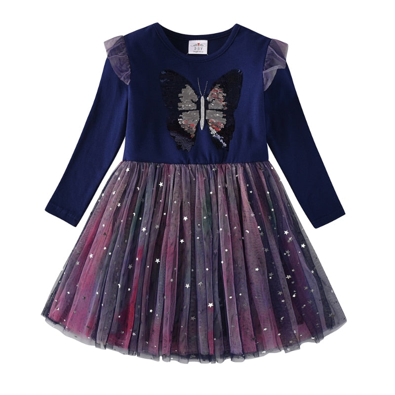 Kinder Mädchen Herbstkleid Schmetterling Pailletten Blumenkleider 2-8 Jahre