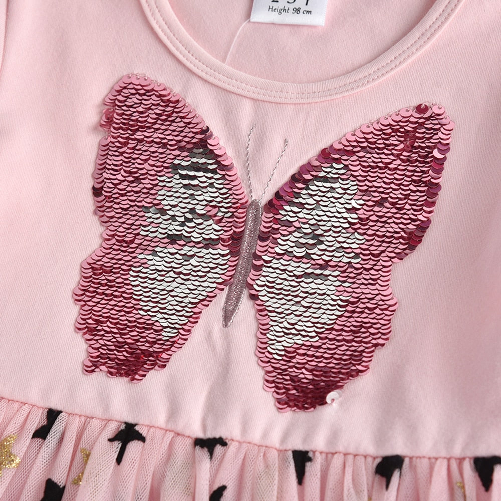 Kinder Mädchen Herbstkleid Schmetterling Pailletten Blumenkleider 2-8 Jahre