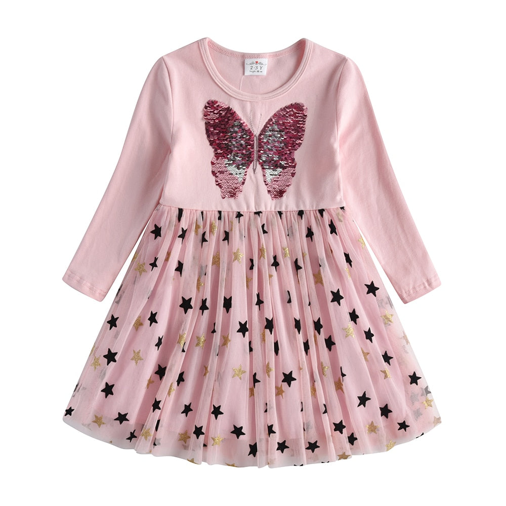 Kinder Mädchen Herbstkleid Schmetterling Pailletten Blumenkleider 2-8 Jahre