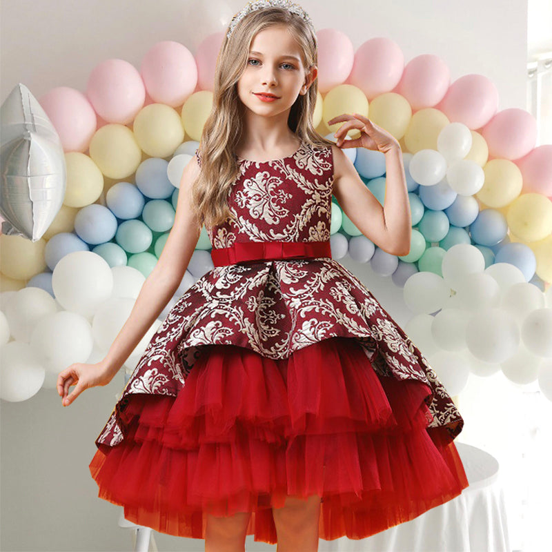 Kid Baby Girls Vintage Wedding Ceremony Red Flower Elegant Bridesmaid Dresses