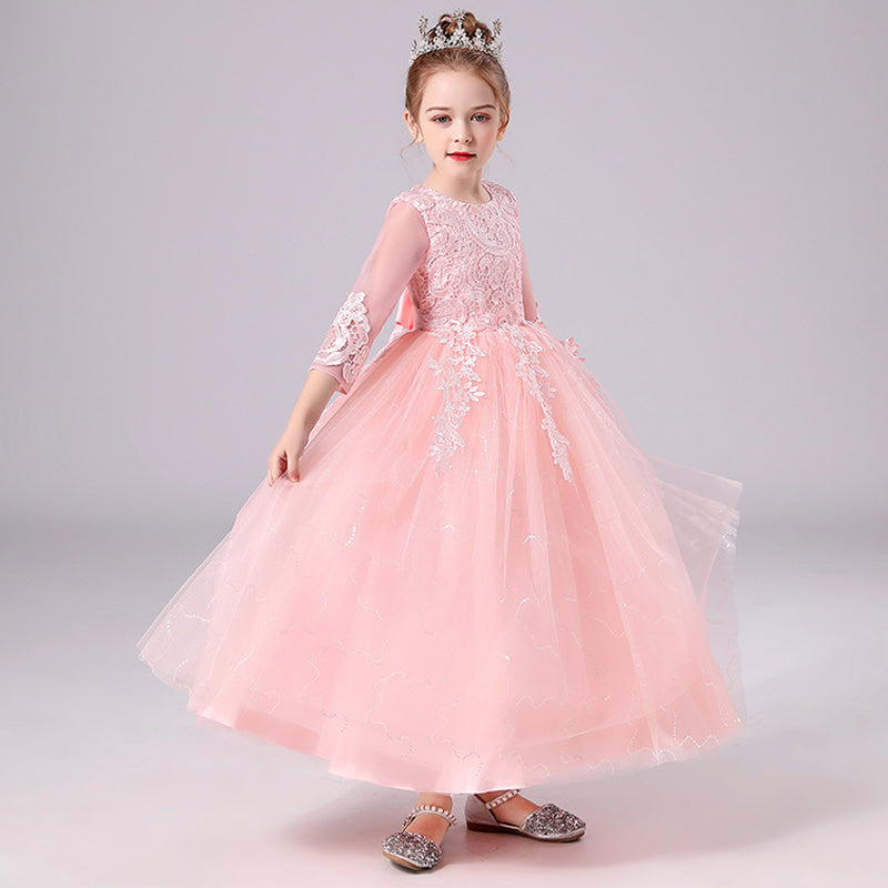 Kid Girl Princess White Lace Bridesmaid Embroidery Birthday Party Dresses