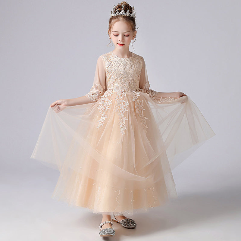 Kid Girl Princess White Lace Bridesmaid Embroidery Birthday Party Dresses