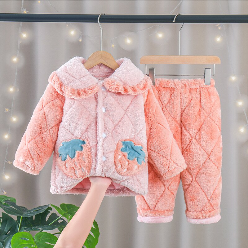 Kid Baby Girls Winter Pajamas Set Plus Velvet  Warm Flannel Thicken Sleepwear