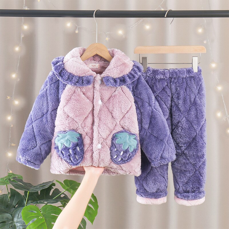 Kid Baby Girls Winter Pajamas Set Plus Velvet  Warm Flannel Thicken Sleepwear