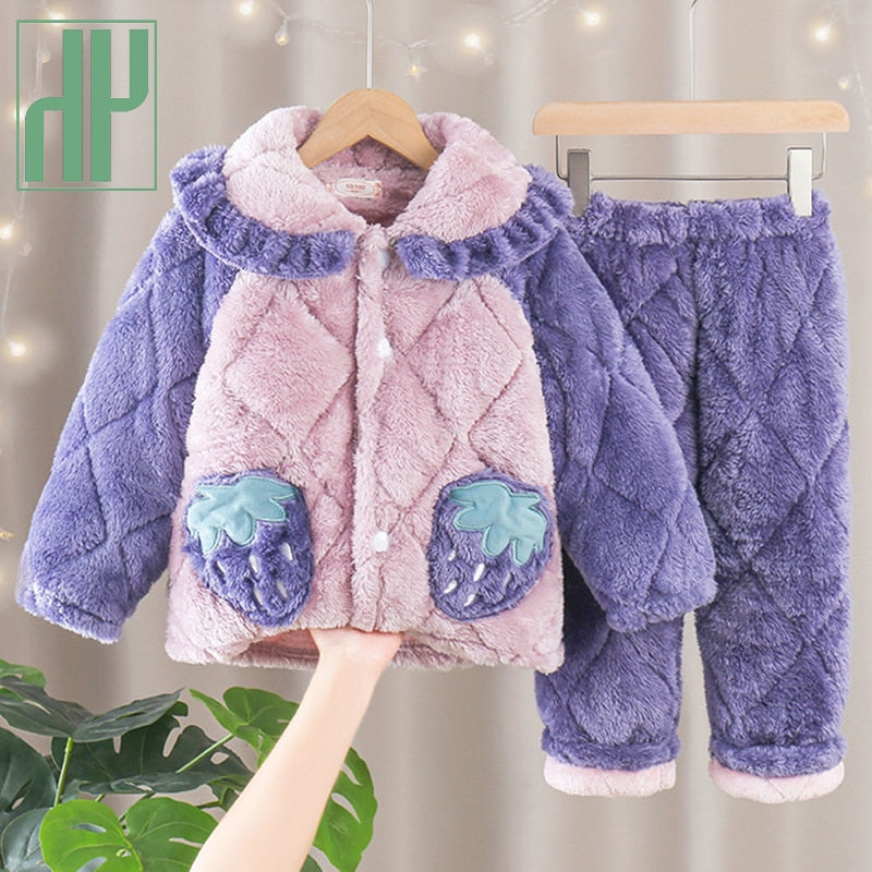 Kid Baby Girls Winter Pajamas Set Plus Velvet  Warm Flannel Thicken Sleepwear