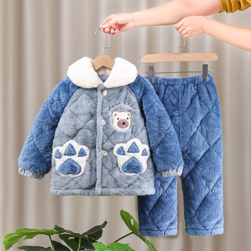 Kid Baby Girls Winter Pajamas Set Plus Velvet  Warm Flannel Thicken Sleepwear