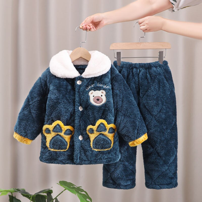 Kid Baby Girls Winter Pajamas Set Plus Velvet  Warm Flannel Thicken Sleepwear