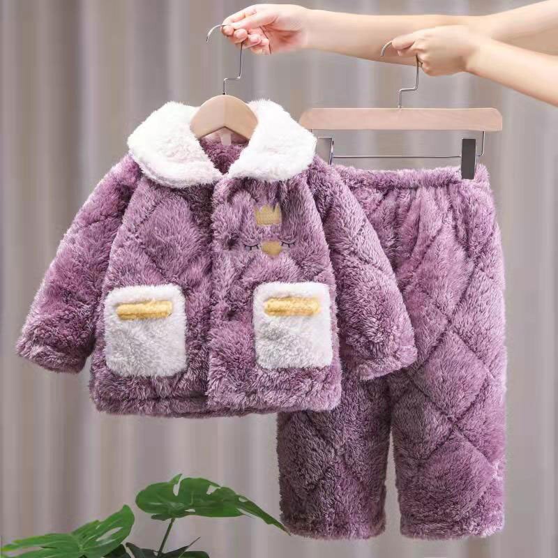 Kid Baby Girls Winter Pajamas Set Plus Velvet  Warm Flannel Thicken Sleepwear