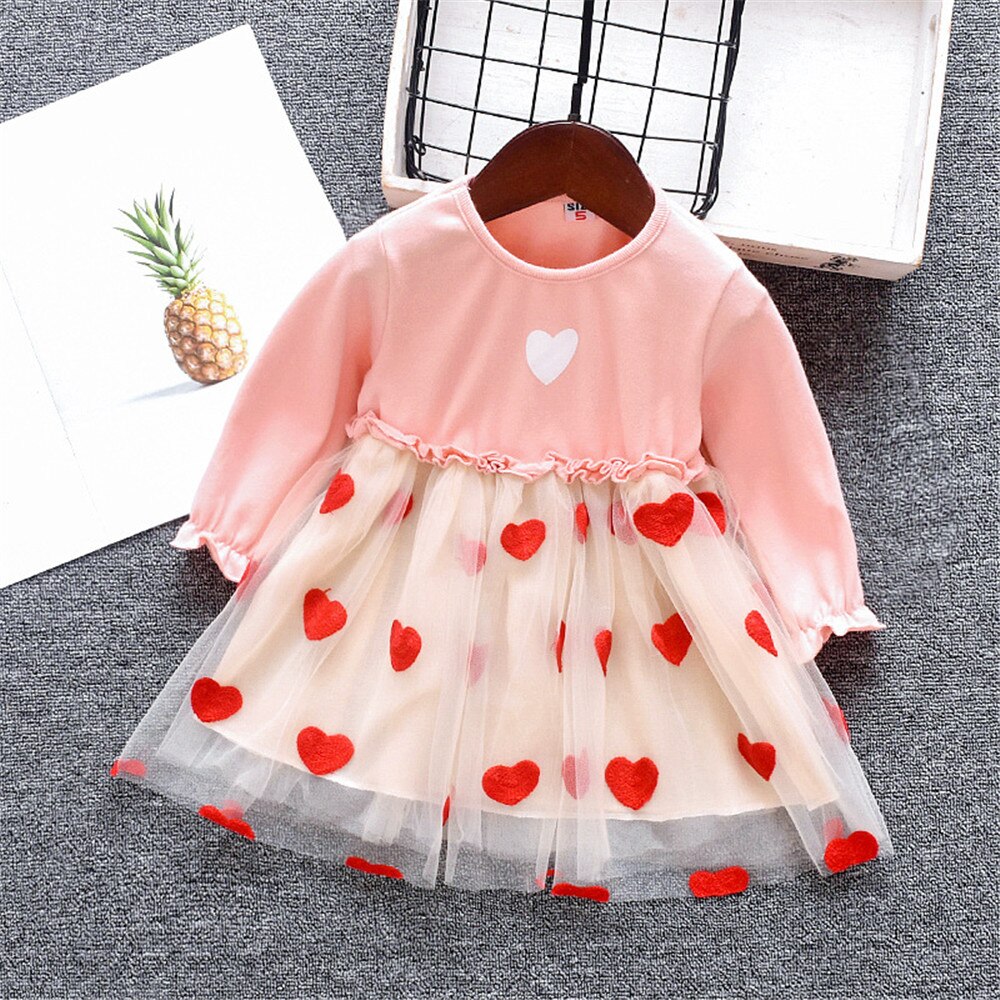 Baby Girl Long Sleeve Cute Heart Patchwork Mesh Flower Dress 0-2 Years