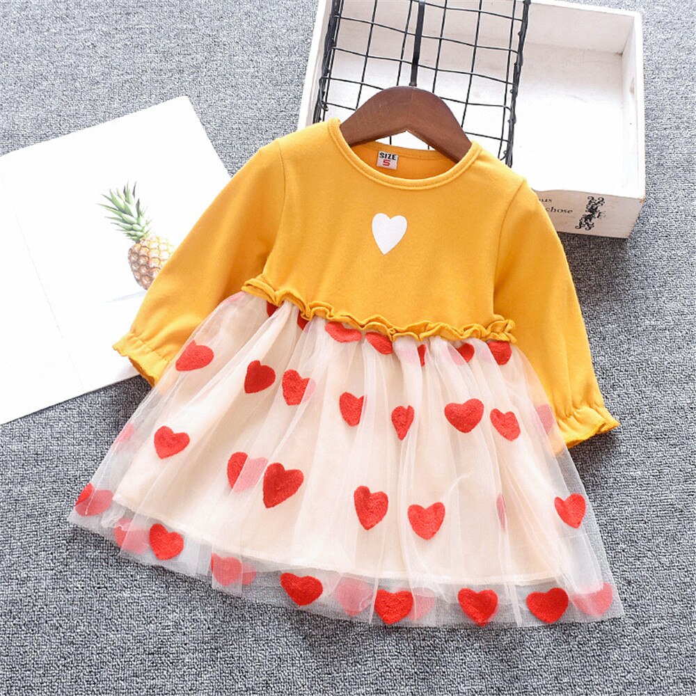 Baby Girl Long Sleeve Cute Heart Patchwork Mesh Flower Dress 0-2 Years