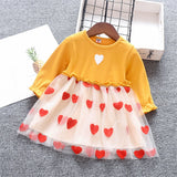 Baby Girl Long Sleeve Cute Heart Patchwork Mesh Flower Dress 0-2 Years