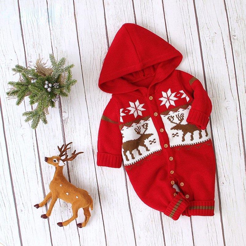 Baby Solid Hooded Long-sleeve Christmas Jumpsuit Romper