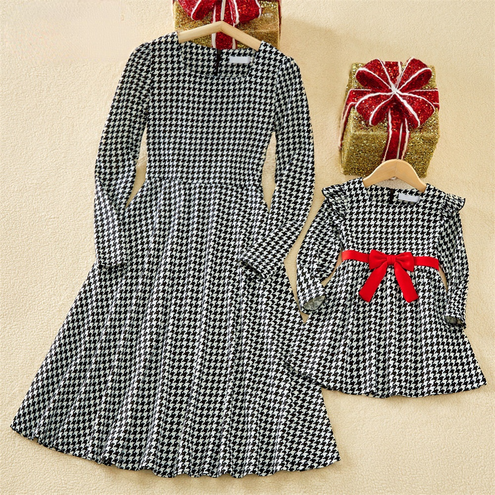 Family Matching Autumn Fashion Print Bow Mom Daughter Dresses