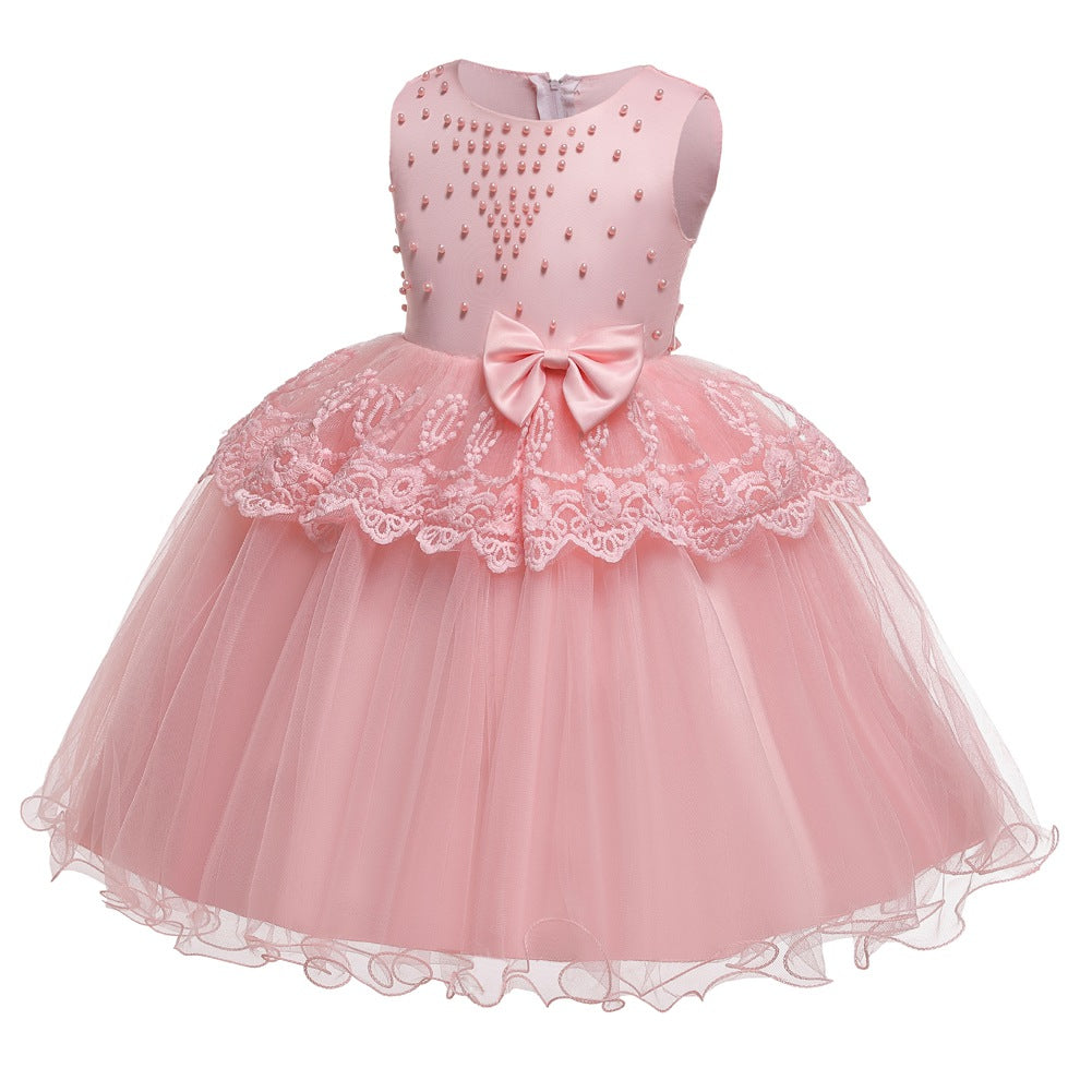 Kid Girl Princess Pearls Flower Lace Ball Gown Wedding Evening Dresses
