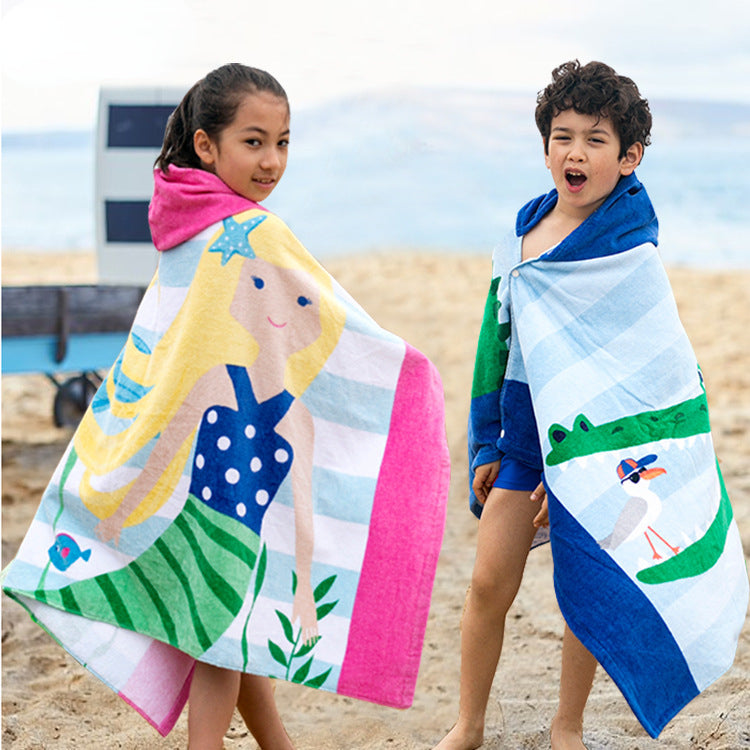 Kid Baby Pure Cotton Towel Poncho Gym Sports Hooded Mermaid Bathrobe Pajamas