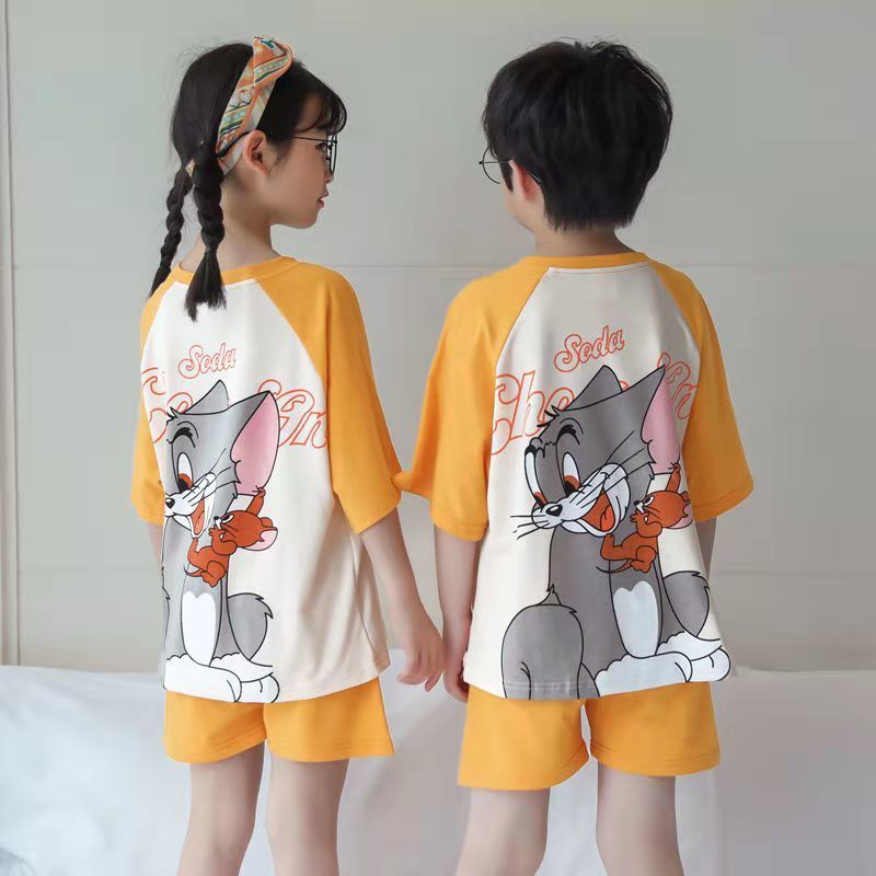 Kid Boys Girls Home Suit Pajamas Summer Thin Pure Cotton Short Sleeve Pajamas