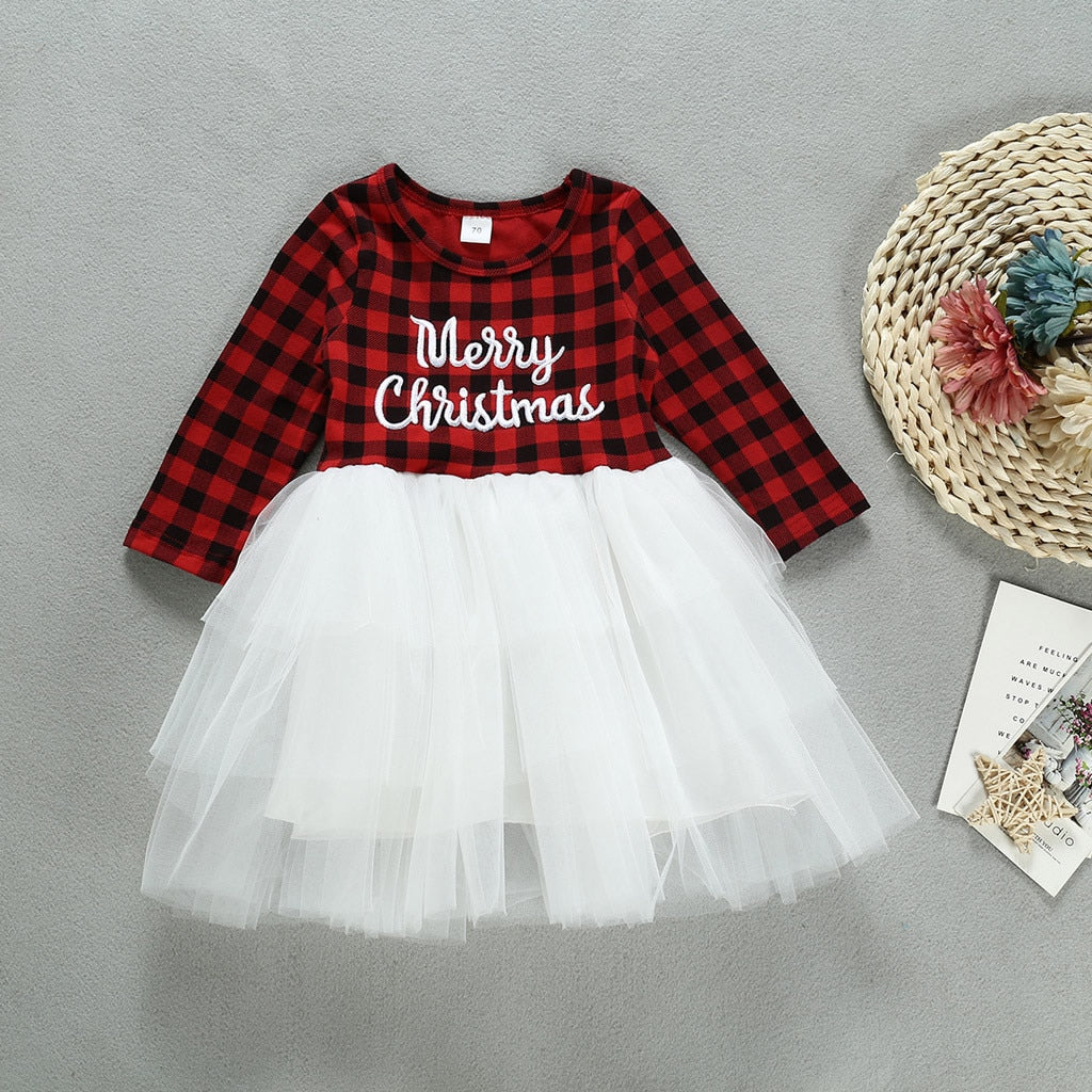 Kids Girls Christmas Dress Casual Long Sleeve Plaid Patchwork Dress