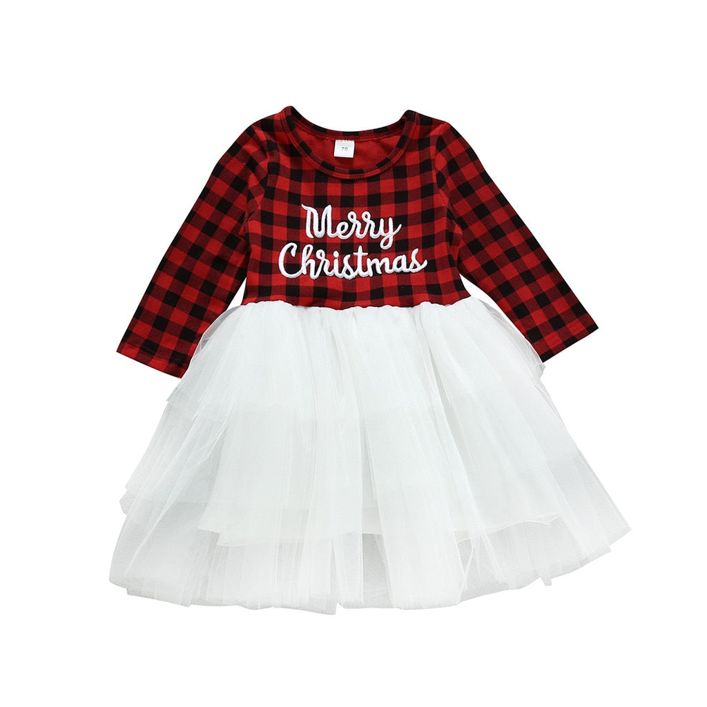 Kids Girls Christmas Dress Casual Long Sleeve Plaid Patchwork Dress