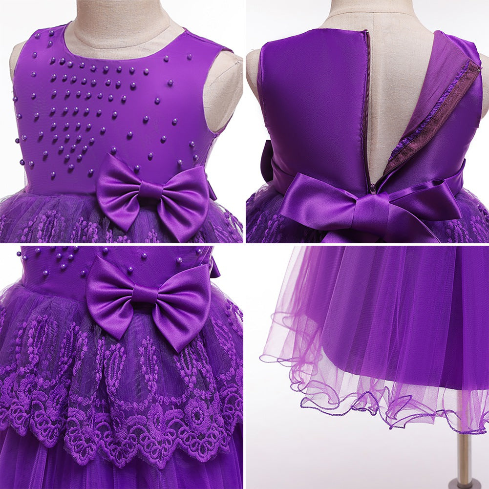 Kid Girl Princess Pearls Flower Lace Ball Gown Wedding Evening Dresses