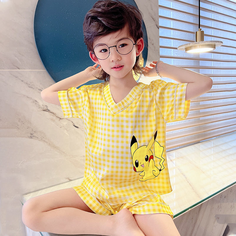 Kid Boys Home Ice Silk Pajamas Summer Thin Short Sleeve Suit Set