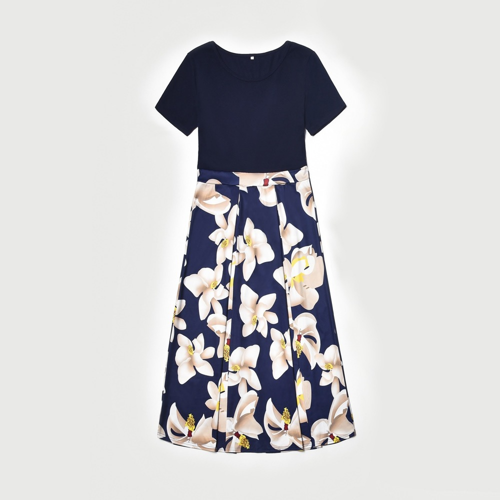 Family Matching Parent-child Summer Round Collar Short Sleeve Flower Swing Dresses