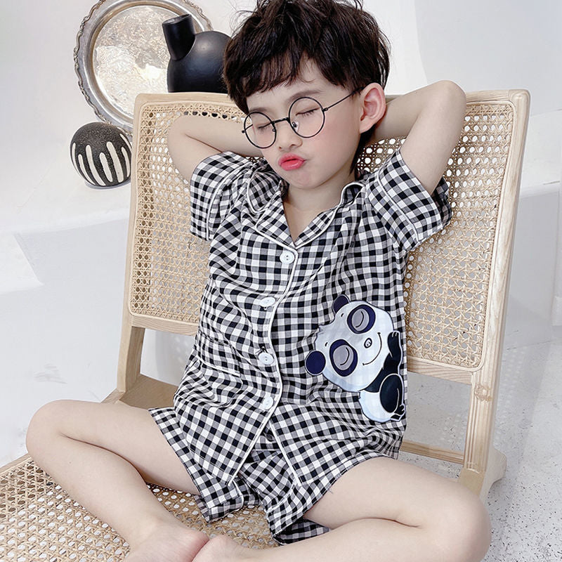 Kid Boys Home Ice Silk Pajamas Summer Thin Short Sleeve Suit Set