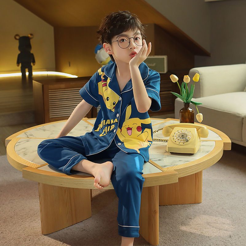 Kid Boys Home Suit Summer Cotton Thin Wicking Short Sleeve Pajamas