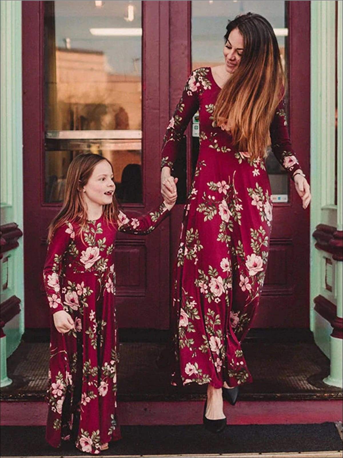 Family Mommy & Me Red Fall Floral Long Sleeve Maxi Dress