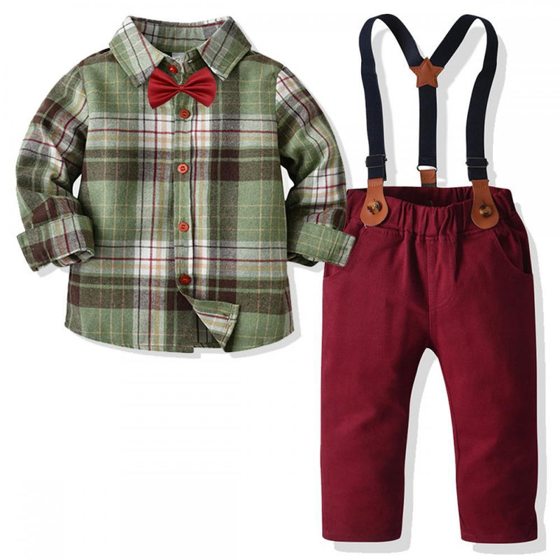 Kid Boys Long Sleeve Plaid Cotton Gentle Set 2 Pcs