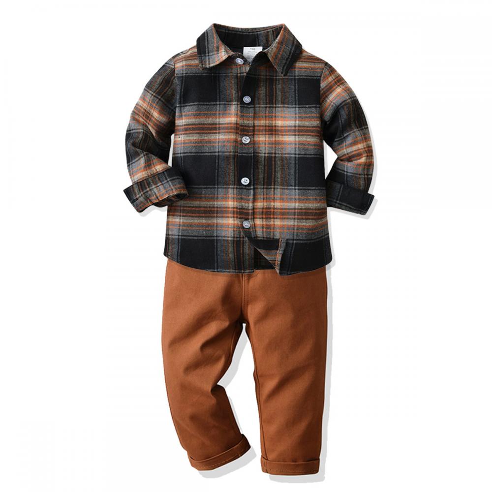 Kid Boys Long Sleeve Plaid Gentle Sets 2 Pcs